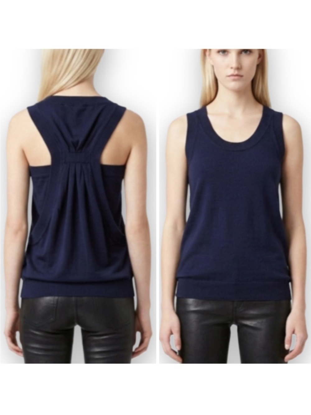 BCBGMAXAZRIA Womens Size Medium Navy Blue Silk Knitted Racerback Wrap Tank Top
